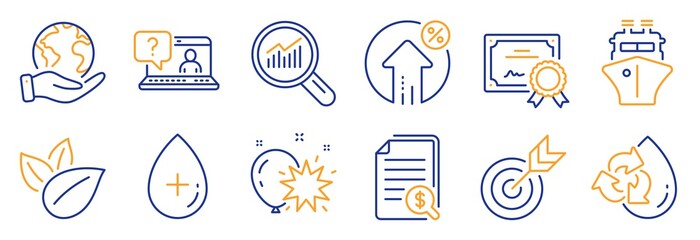 Set of Business icons, such as Target, Organic product. Certificate, save planet. Oil serum, Data analysis, Financial documents. Faq, Balloon dart, Ship. Recycle water, Loan percent line icons. Vector