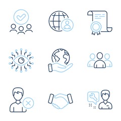 Handshake, Artificial intelligence and Group line icons set. Diploma certificate, save planet, group of people. Remove account, Repairman and International recruitment signs. Vector