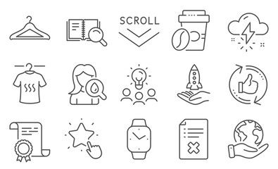 Set of Business icons, such as Crowdfunding, Dry t-shirt. Diploma, ideas, save planet. Refresh like, Search book, Takeaway coffee. Thunderstorm weather, Smartwatch, Moisturizing cream. Vector