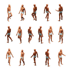 Vector isometric set of low poly man figure walking, standing simple poses, naked body. Front and back view.  