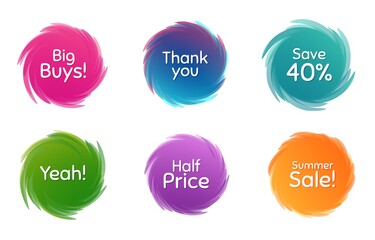 Swirl motion circles. Summer sale, 40% discount and half price. Thank you phrase. Sale shopping text. Twisting bubbles with phrases. Spiral texting boxes. Big buys slogan. Vector