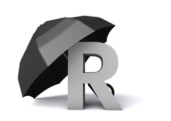 3D illustration of letter R with umbrella
