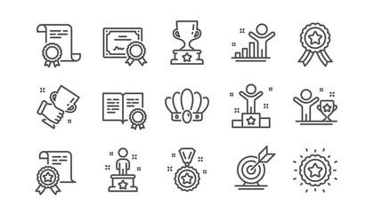 Success line icons set. Certificate, winner cup, goal target. Reward, medal with ribbon, crown icons. Award, winner podium, first place success. Statue, diploma with certificate, challenge. Vector