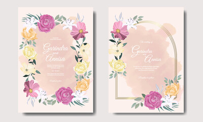 Wedding invitation card template set with beautiful colourful floral leaves Premium Vector