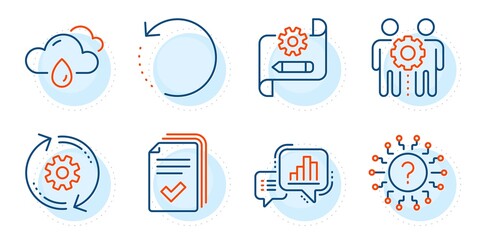 Rainy weather, Recovery data and Graph chart signs. Employees teamwork, Cogwheel blueprint and Handout line icons set. Cogwheel, Question mark symbols. Collaboration, Edit settings. Vector