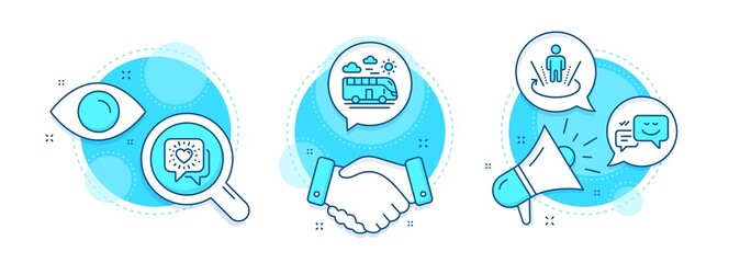 Friends chat, Augmented reality and Bus travel line icons set. Handshake deal, research and promotion complex icons. Happy emotion sign. Friendship, Virtual reality, Transport. Web chat. Vector