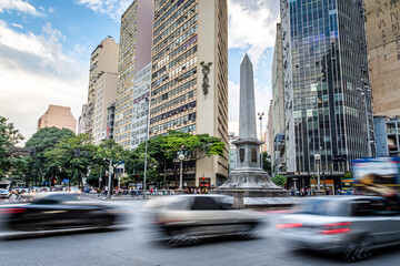 Motion Blur Movement of Cars During Busy Traffic in Praça Sete, Famous Landmark in Downtown Belo...