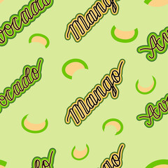 Mangoes and avocados seamless pattern.  Summer tropical texture for wrapping paper, foliage, linen, textile. Healthy food products design.