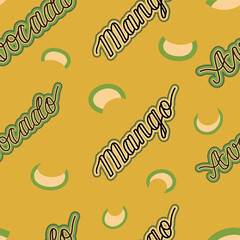 Mangoes and avocados seamless pattern.  Summer tropical texture for wrapping paper, foliage, linen, textile. Healthy food products design.