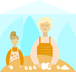 illustration grandmother with granddaughter make pies at home