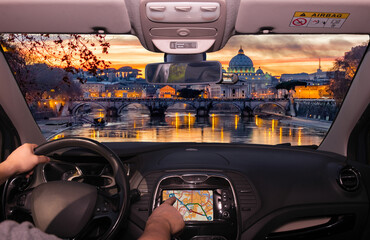 Driving while using GPS towards Saint Peter's Church, Rome, Italy