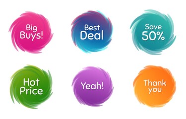 Swirl motion circles. Hot price, 50% discount and best deal. Thank you phrase. Sale shopping text. Twisting bubbles with phrases. Spiral texting boxes. Big buys slogan. Vector