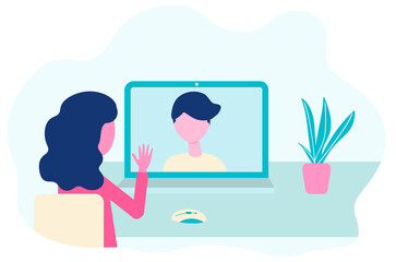Video conference. Virtual meeting concept. People on computer screen talking. Online communication vector concept in flat design.