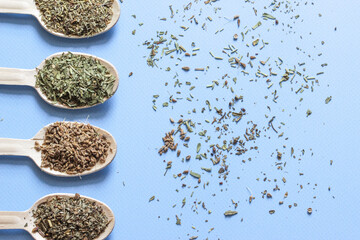 Collection of spices from herbs. Wooden spoons with spices laid out on the left side. 