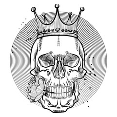 Romantic illustration. Skull in crown with rose in his teeth.