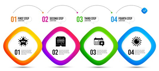 Travel calendar, Winner ticket and New star icons simple set. Timeline infographic. Sun sign. Trip planning, Carousels award, Shopping. Summer. Holidays set. Vector