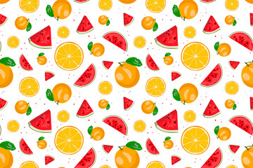 Vector seamless pattern with red watermelon and oranges. Summer design for printing cards, invitations, fabric, clothes, holiday decoration.