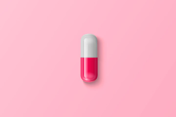 Vector Realistic 3d Pink, White Medical Pill Closeup Isolated on Pink Background. Design Template for Graphics, Banners. Female Health Concept. Women s Health Care, Vitamins and Supplements. Top View