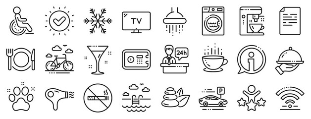 Fototapeta na wymiar Wi-Fi, Air conditioning and Coffee maker machine. Hotel service line icons. Spa stones, swimming pool and bike rental icons. Hotel parking, safe and shower. Food, coffee cup. Vector