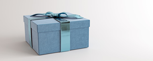 Mock-up poster, baby blue luxury gift box with shiny bow on white background, 3D Render, 3D Illustration