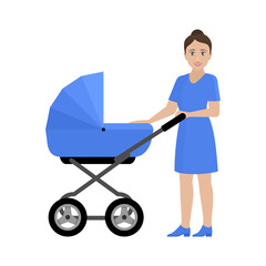 Motherhood - young woman with baby carriage - vector illustration - mother, parent, childhood, family