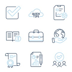Report checklist, Facts and Portfolio line icons set. Diploma certificate, save planet, group of people. Checkbox, Report document and Quick tips signs. Vector