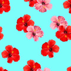 Seamless Trotical pattern with palm leaves and hibiscus flowers.