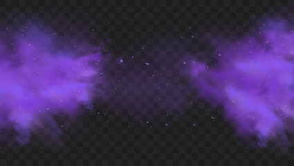 Purple smoke isolated on transparent dark background. Abstract purple powder explosion with particles and glitter. Smoke hookah, poison gas, violet dust, fog effect. Realistic vector illustration © janevasileva
