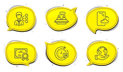 Employees talk sign. Diploma certificate, save planet chat bubbles. Third party, 24h delivery and Smartphone cloud line icons set. Team leader, Stopwatch, Phone backup. Collaboration. Vector