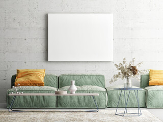 Home interior mock-up poster on a concrete wall, sofa and decor in Living room, 3d render, 3d illustration