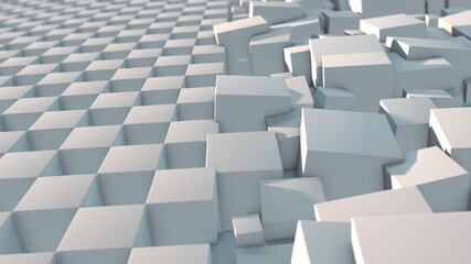 3D rendering of an abstract background from a set of cubes. On one side of the cube in a strict chess order, on the other in chaos. The illustration shows the difference between order and disorder.