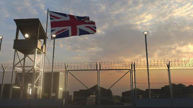 Military base with waving flag of Britain 3d