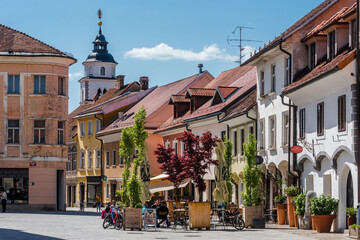 Kranj, Slovenia 05.01.2019: Colorful tenanments in Main Square in Old Town of Kranj, Slovenia 