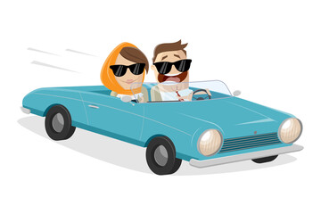 funny cartoon couple driving classic convertible car