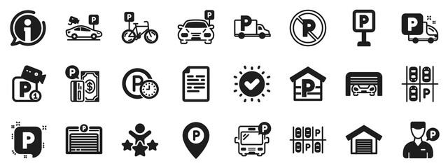 Car garage, Valet servant and Paid transport parking icons. Parking icons. Video monitoring, Bike or Car park and Truck or Bus transport garage. Money payment, Map pointer and Free park. Vector
