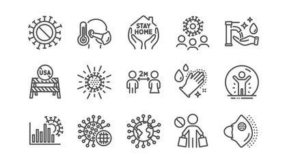 Coronavirus line icons set. Covid-19 virus pandemic. Medical protective mask, washing hands hygiene, usa shut borders. Stay home, safe distance, coronavirus epidemic mask icons. Linear set. Vector