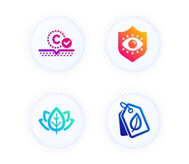 Collagen skin, Eye protection and Organic tested icons simple set. Button with halftone dots. Bio tags sign. Skin care, Optometry, Bio ingredients. Leaf. Healthcare set. Vector