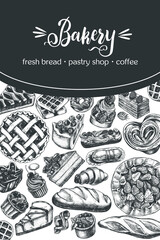 Ink hand drawn background with berry pies, cakes, desserts, pastries, bread. Food elements collection. Vector illustration with brush calligraphy style lettering. Menu or signboard template. - 355037582