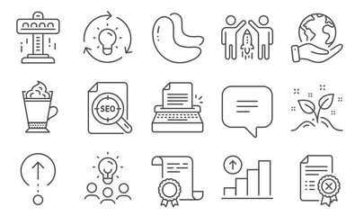 Set of Business icons, such as Seo file, Swipe up. Diploma, ideas, save planet. Graph chart, Typewriter, Idea. Partnership, Startup concept, Latte coffee. Text message, Attraction, Cashew nut. Vector