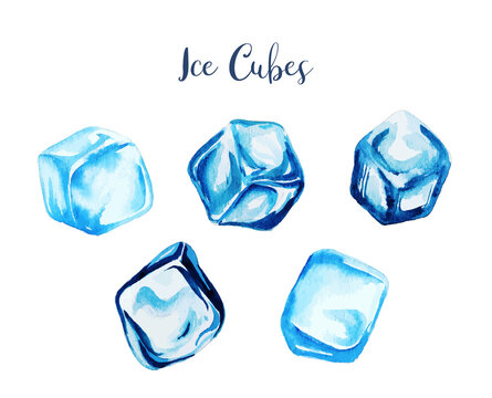 Set of five watercolor ice cubes, hand drawn
