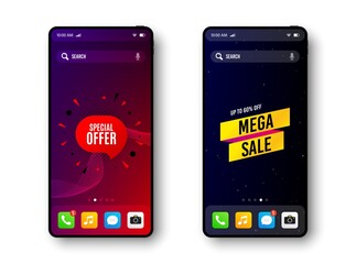 Mega sale and Special offer. Smartphone screen banner. Discount offer badge. Mobile phone screen interface. Smartphone display promotion template. Online application banner. Vector