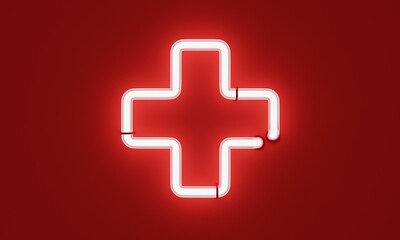 3D render cross / Cross Neon icon over a red background. Bright and colorfull icon to call attention.