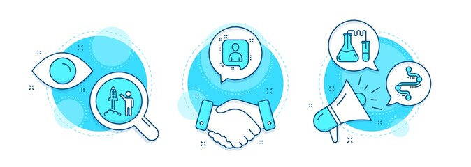 Timeline, Developers chat and Chemistry lab line icons set. Handshake deal, research and promotion complex icons. Launch project sign. Journey path, Manager talk, Medical laboratory. Vector