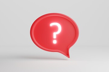 3D render talk ballon with a question mark neon sign. Icon made with neon over a red tray 