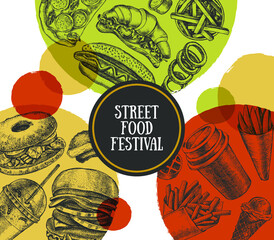 Ink hand drawn background of various burgers, hot dog, drinks, French fries, nuggets. Food elements collection for menu or signboard design. Vector illustration.