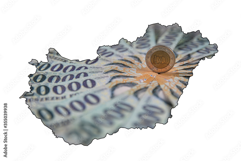 Wall mural map of hungary. 20000 forint banknote stacks as background (hungarian forint) deak ferenc. europe hu