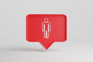 Neon male symbol. Red pin chat box isolated over a white background. 3d render Neon sings.