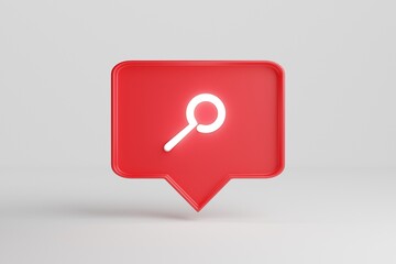 Neon search symbol. Red pin chat box isolated over a white background. 3d render Neon sings.