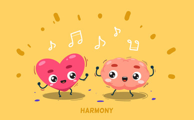 A brain is dancing together with heart. Isolated Vector Illustration