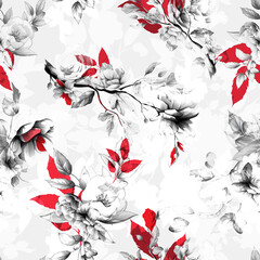 Fototapety  Bezszwowe tło kwiatowy wzór. Streszczenie czerwono-czarna grafika do użytku tekstylnego, tkaniny i innych. Dzikie kwiaty, gałęzie i liście. Ręcznie rysowane, wektor - czas.